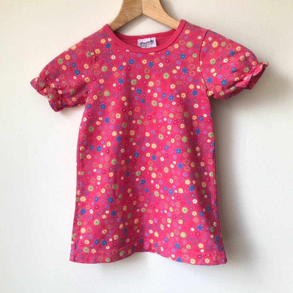 Flapdoodles Dress Girls 2T 2 Pink Short Puff Sleeves Floral Print Tee Cotton